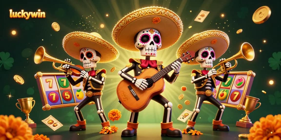 Experience winning thrills at Luckywin's vibrant 3D casino scene with colorful skeleton mariachi band and dynamic gaming elements.
