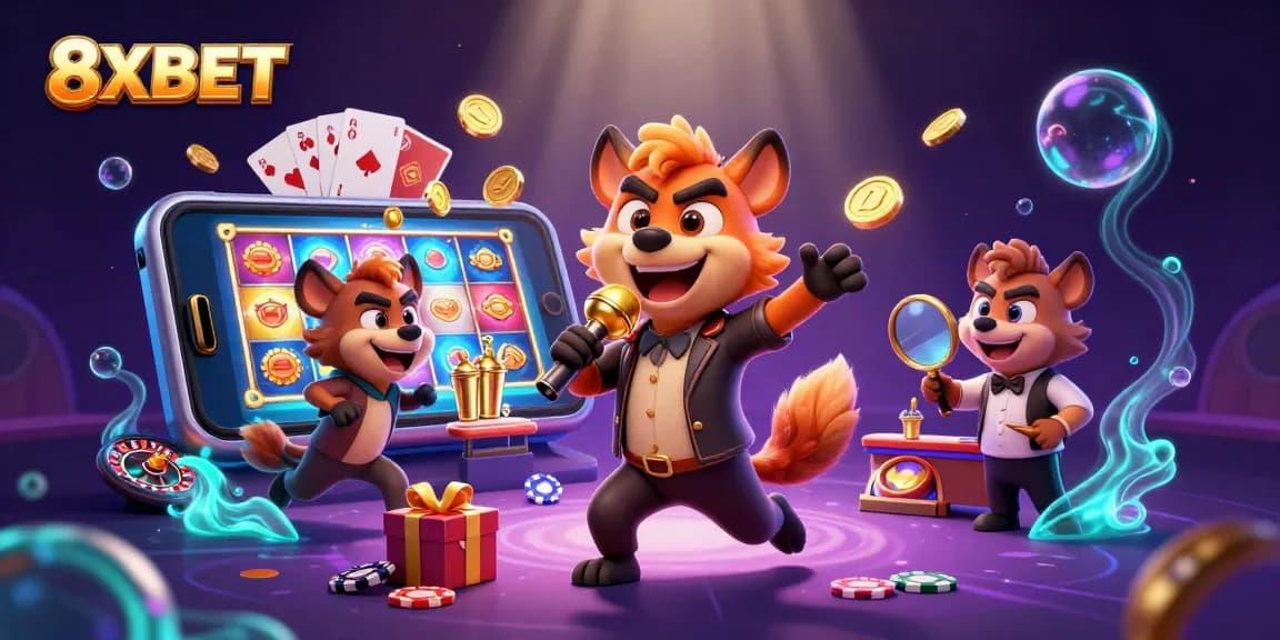 8XBET hyenas entertain the casino crowd with vibrant gaming elements and lively atmosphere.