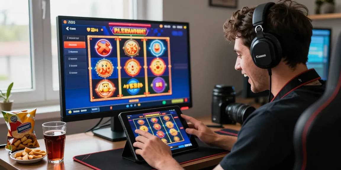 Gamer penuh semangat bermain slot online di 337sports dengan tablet, suasana menarik dan grafik cerah.