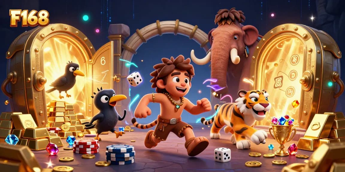 Win big at F168 with this cartoon casino scene depicting vibrant gaming action and dynamic characters.
