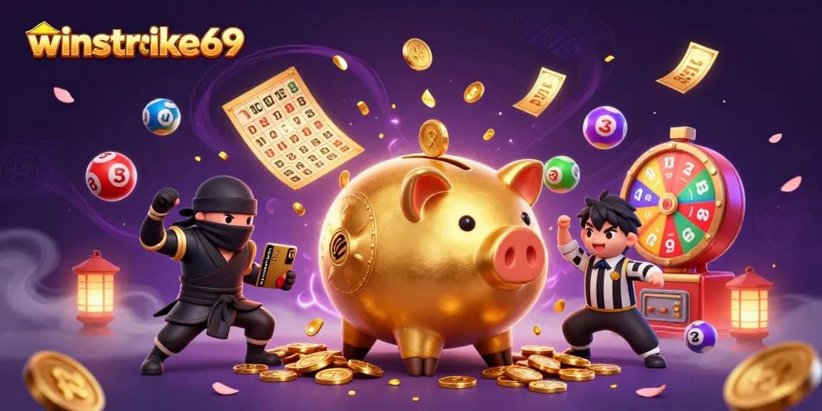 Winstrike69 showcases a lively casino scene with a sumo wrestler, ninja, and referee amidst colorful gaming elements.