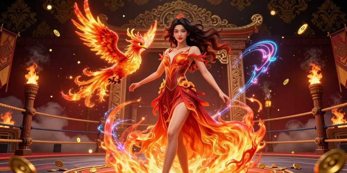 B52Club attracts gamers with a stunning Asian woman in flames and a fire phoenix.