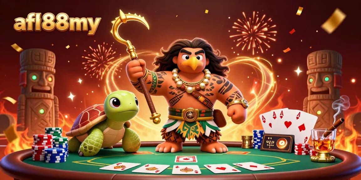 Play with afb88my's exciting poker elements, featuring a demigod and turtle in a vibrant casino scene.