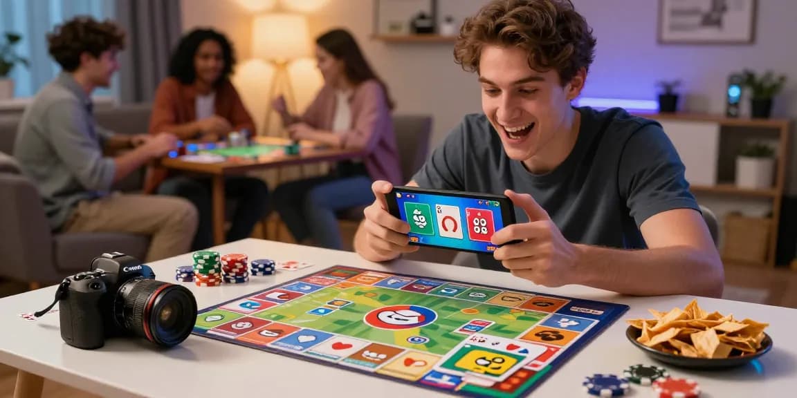 A young man enjoying Card Rummy on Android, highlighting top earning apps with vibrant game graphics.