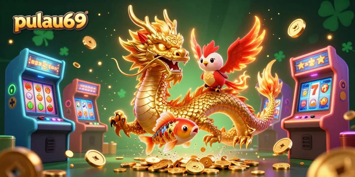 Experience pulau69's vibrant gaming scene with a golden dragon, flaming phoenix, and lucky koi fish.