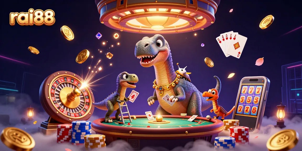 Experience rai88’s lively casino atmosphere with a playful scene of a brontosaurus and clever raptor