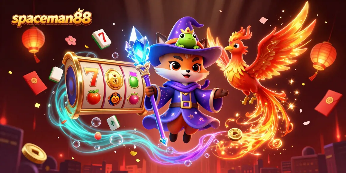 Experience the thrill of spaceman88 with vibrant slot reels and mystical characters in a magical gaming scene.