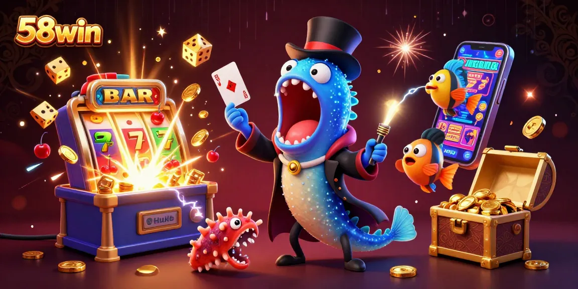 Engage with 58win's vibrant casino world, featuring whimsical sea creatures amidst electrifying gaming elements.
