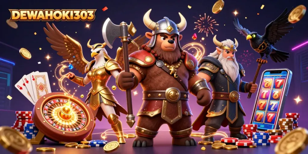 DEWAHOKI303 mempersembahkan momen kemenangan epik dengan karakter Viking dan elemen kasino yang berkilauan.