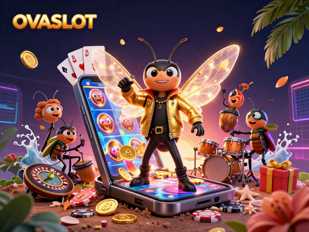 OVASLOT showcases thrilling game action with a vibrant 3D rock star and dynamic casino elements.