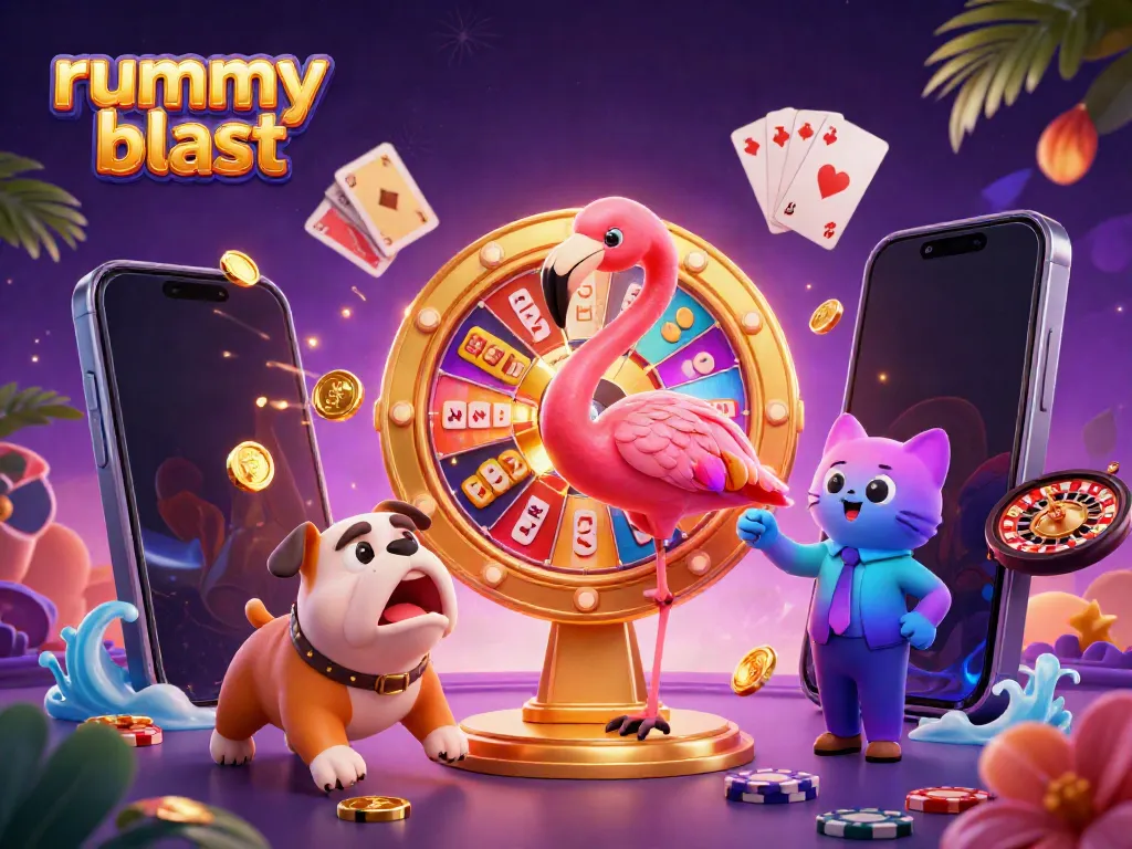 Engage in the rummy blast experience with an exciting game show scene featuring vibrant characters and dynamic casino elements.