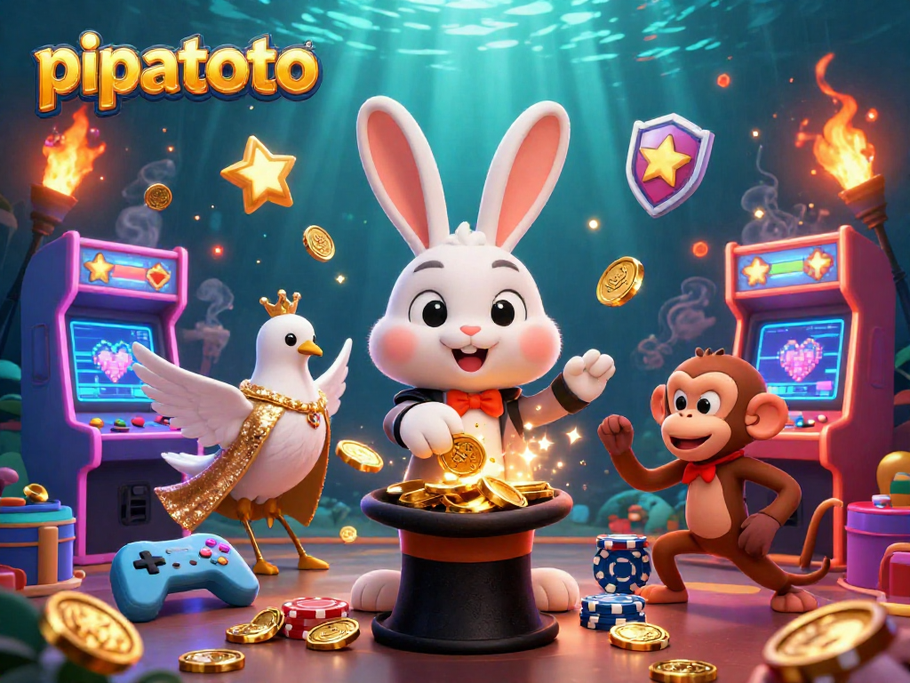 Pipatoto magician rabbit pulling coins while vibrant arcade games create a gambling atmosphere