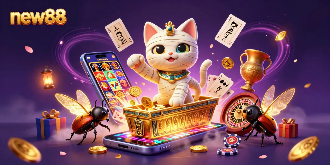 Experience the thrill of new88 casino with a vibrant scene featuring a mummy cat and gaming elements.