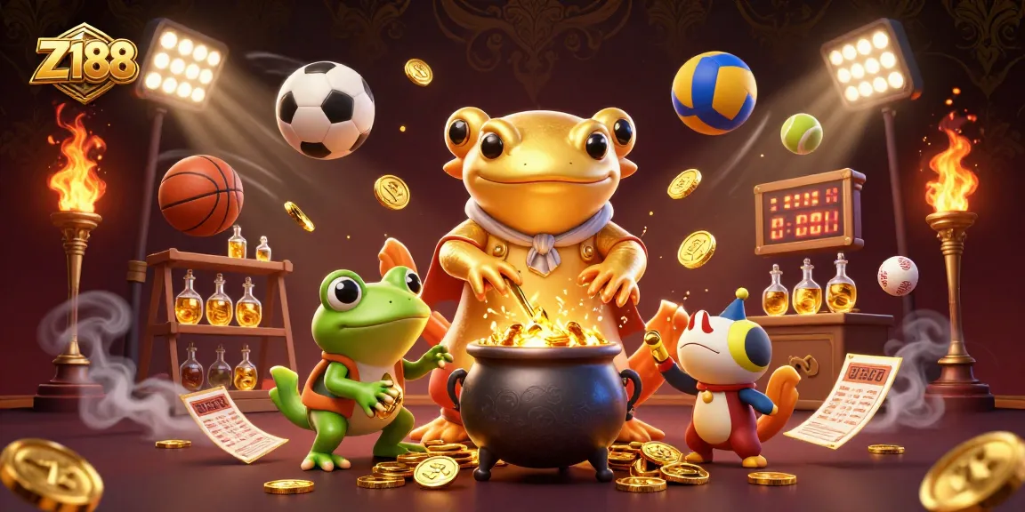 Z188 players enjoy dynamic sports betting with energetic 3D golden alchemist, frog, and newt in action.