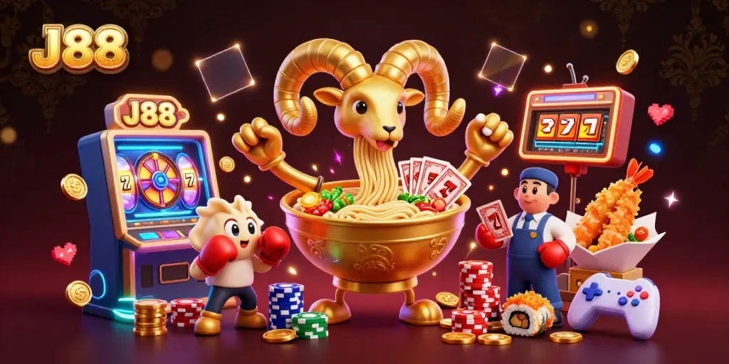 Experience J88's vibrant casino scene with a golden ramen bowl dealer and joyful characters.