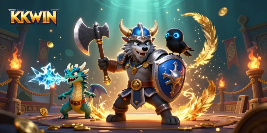 Engage in thrilling gameplay at KKWIN with a Viking wolf warrior, dragon, and gold coins.