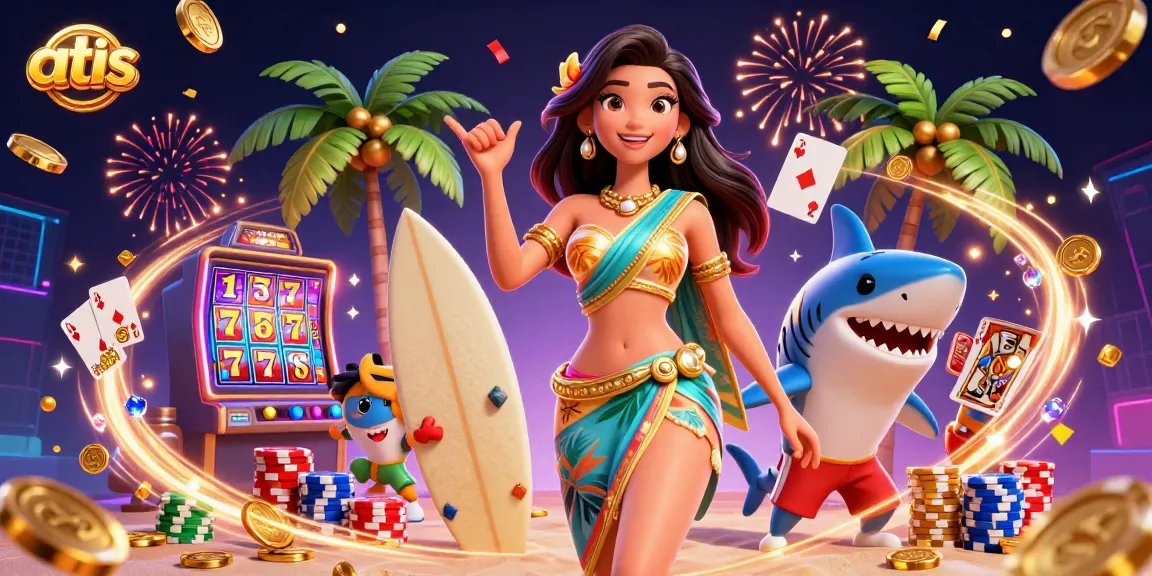 Win big at atas casino with exciting slots and vibrant characters in a lively tropical scene.