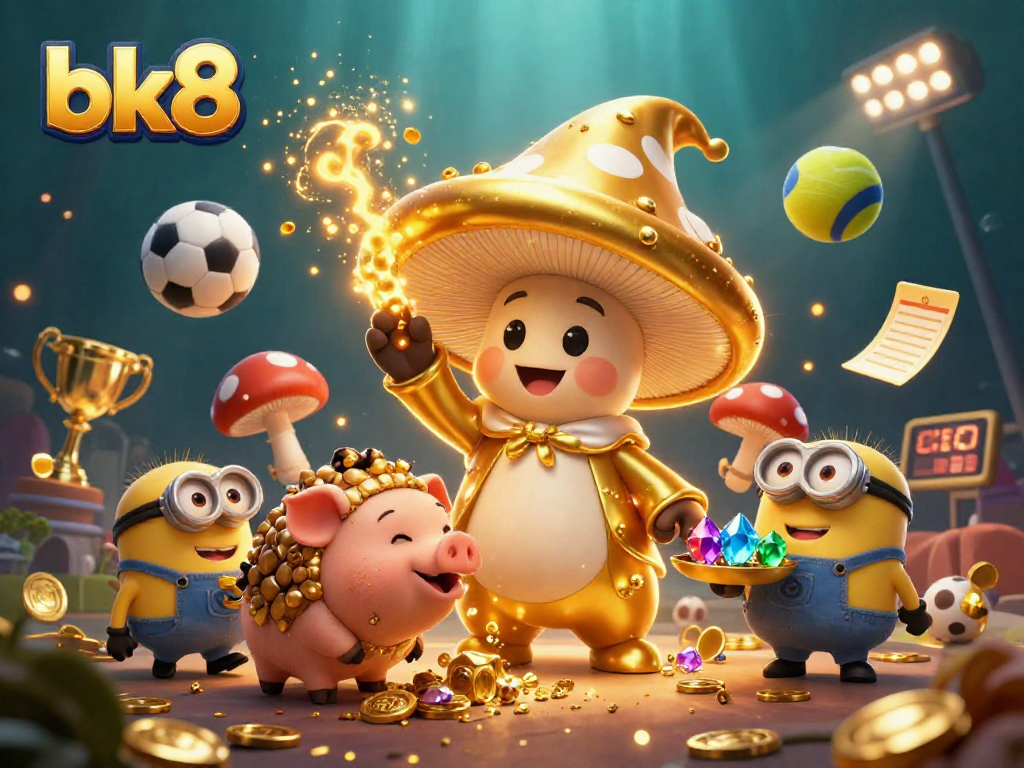 Bet on bk8 with dynamic sports elements and a magical wizard in a colorful illustration.