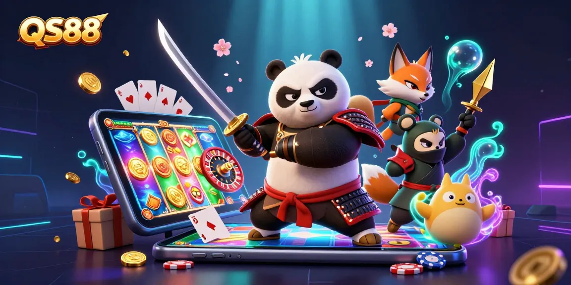 Experience the action at QS88 with a vibrant casino scene featuring samurai panda, ninja fox, and magical tanuki.