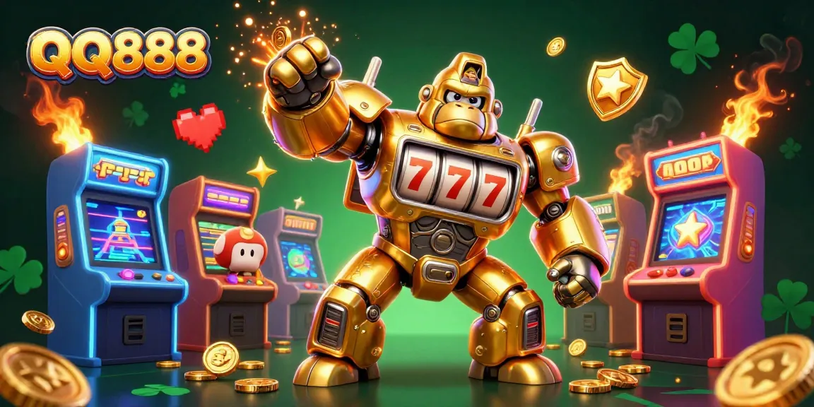 Engage with QQ888's thrilling casino action featuring a golden gorilla mech amidst vibrant arcade elements.