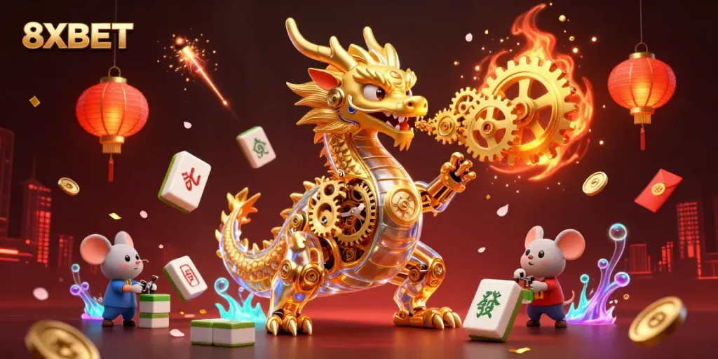 Engage with the vibrant 8XBET world through a dynamic illustration of a golden dragon with mechanical details and glowing casino elements.