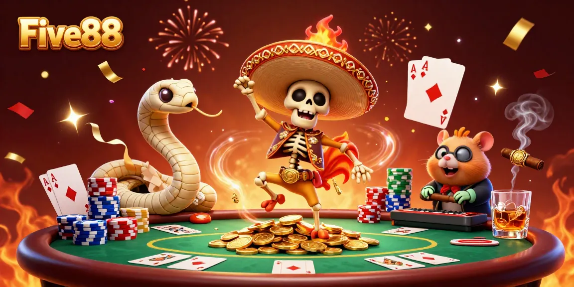Experience the excitement of Five88 with vibrant casino elements and lively characters celebrating wins.