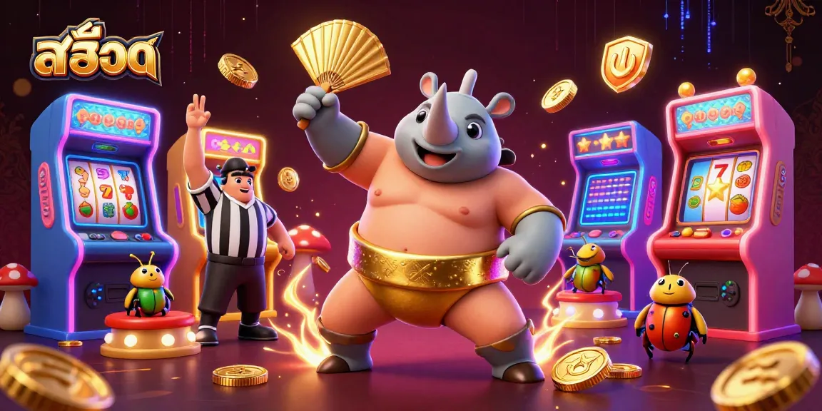 Experience thrilling สล็อต action with a sumo beetle stomping coins in a vibrant casino scene.