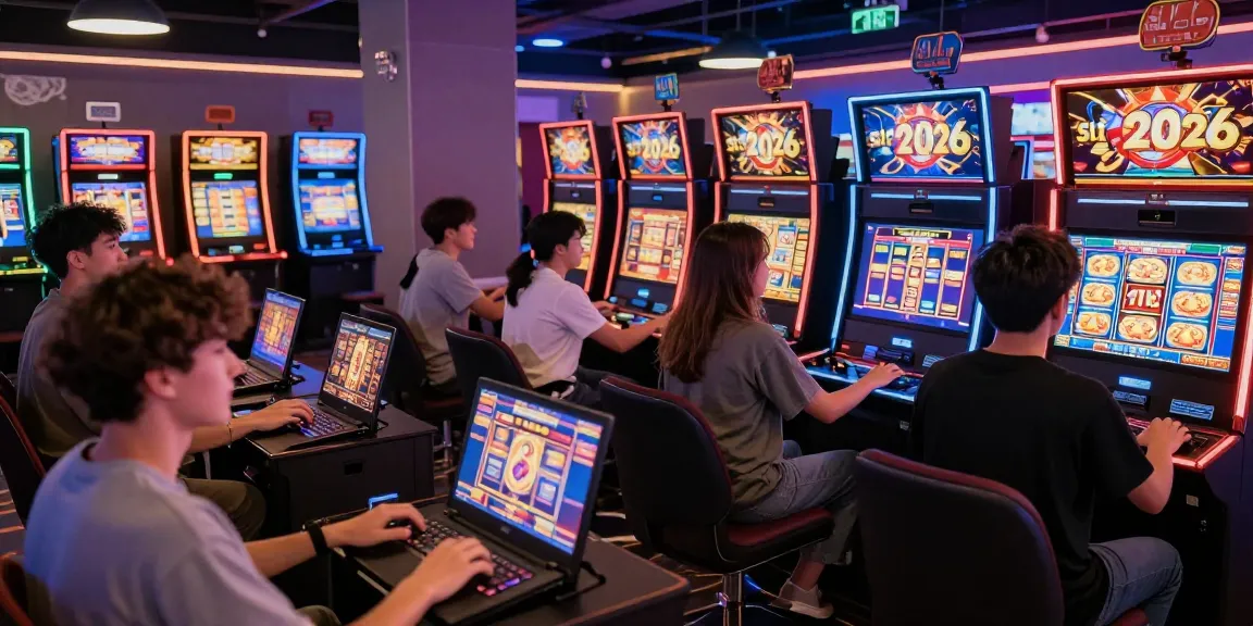Pengalaman seru bermain slot 2026 di lounge modern dengan pemain antusias memakai berbagai perangkat.