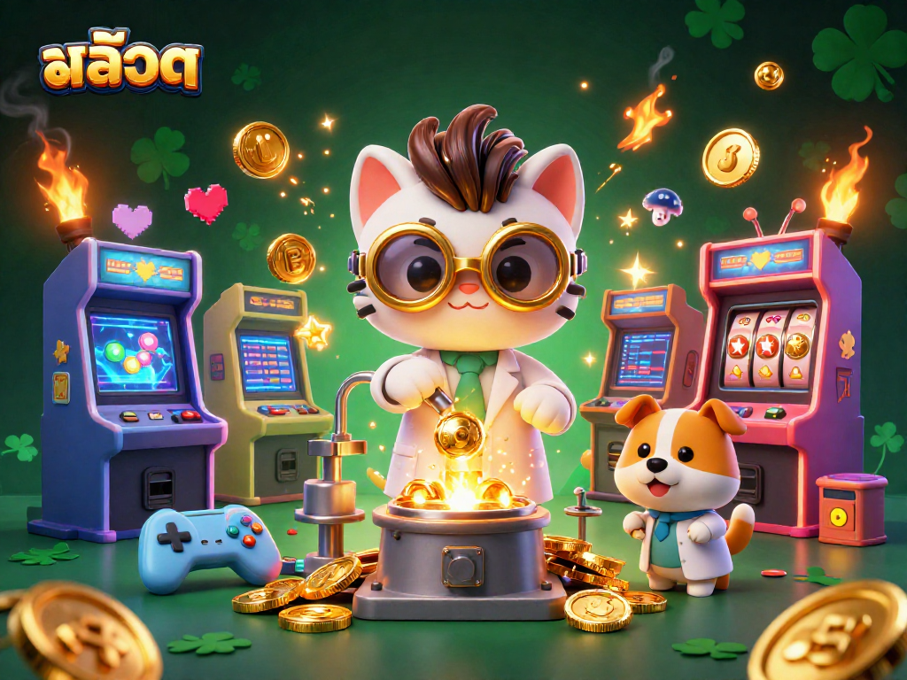 Engage in สล็อต action with a mad scientist cat and loyal dog amidst vibrant casino elements.