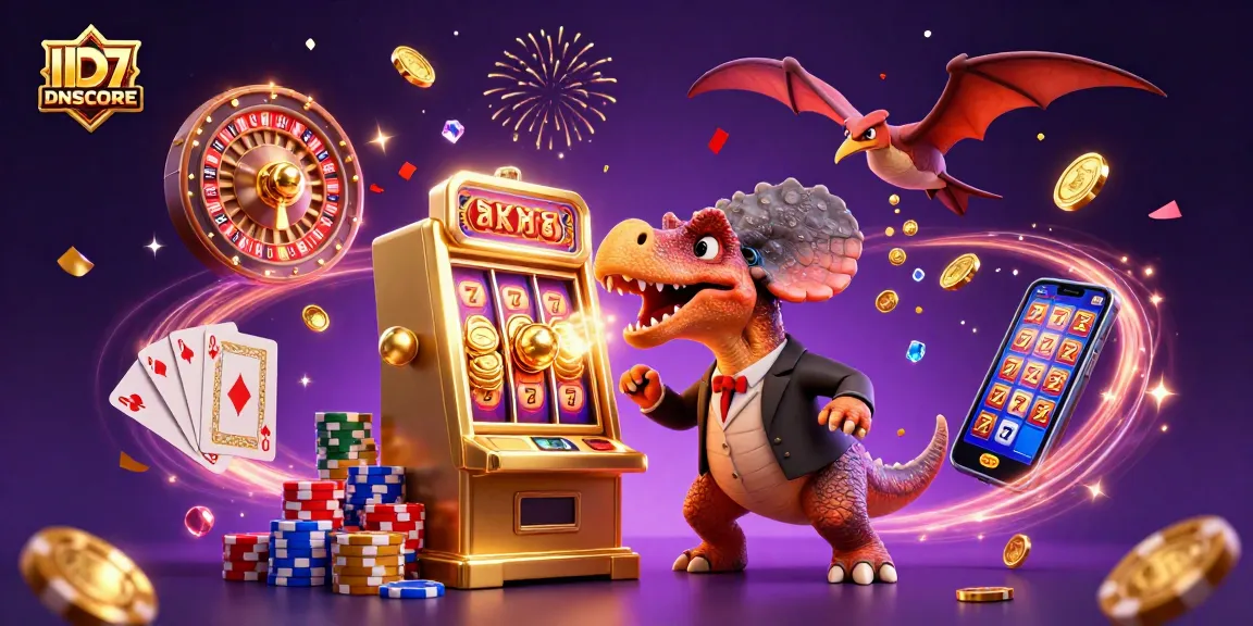 IDNSCORE players celebrate big wins with dynamic slot action and cascading coins in a vibrant casino scene.