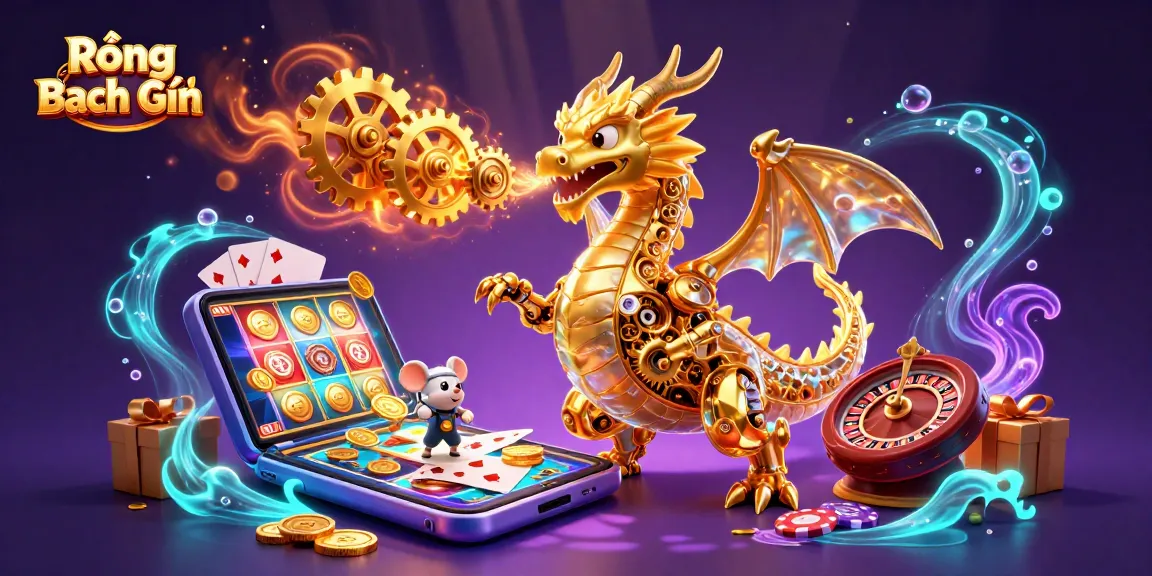 Engage with Rồng Bạch Kim as the golden dragon breathes gears in a vibrant casino scene.