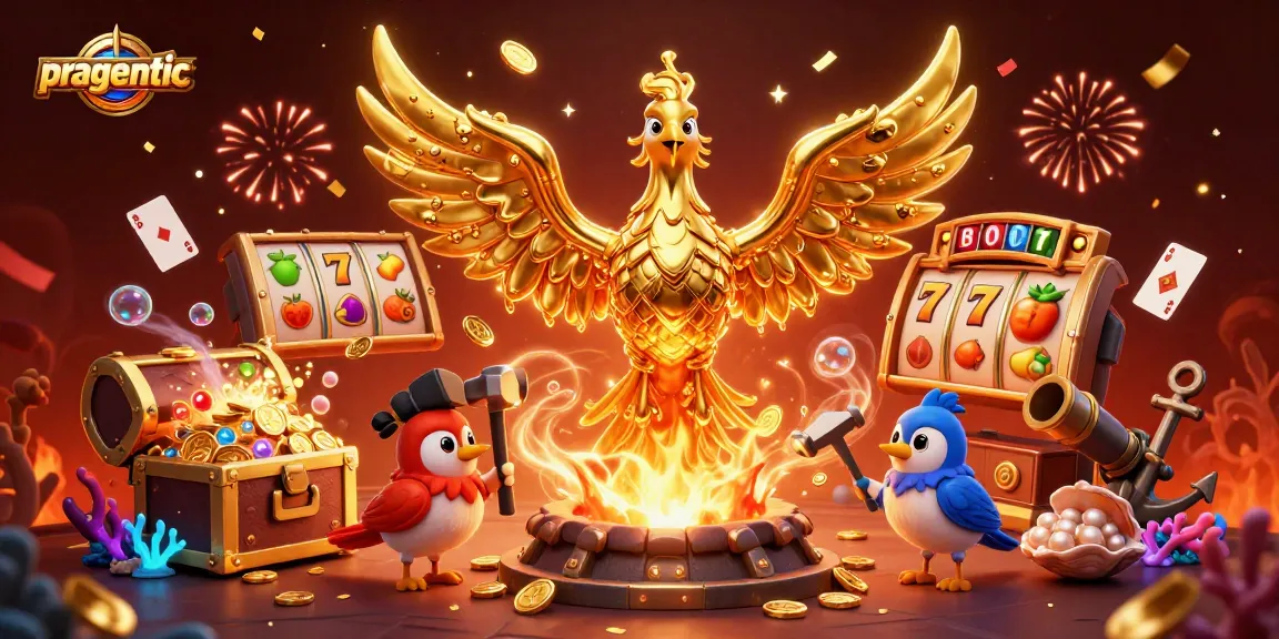 Engage in pragmatic slot gaming with vibrant elements like molten phoenix and coins falling.