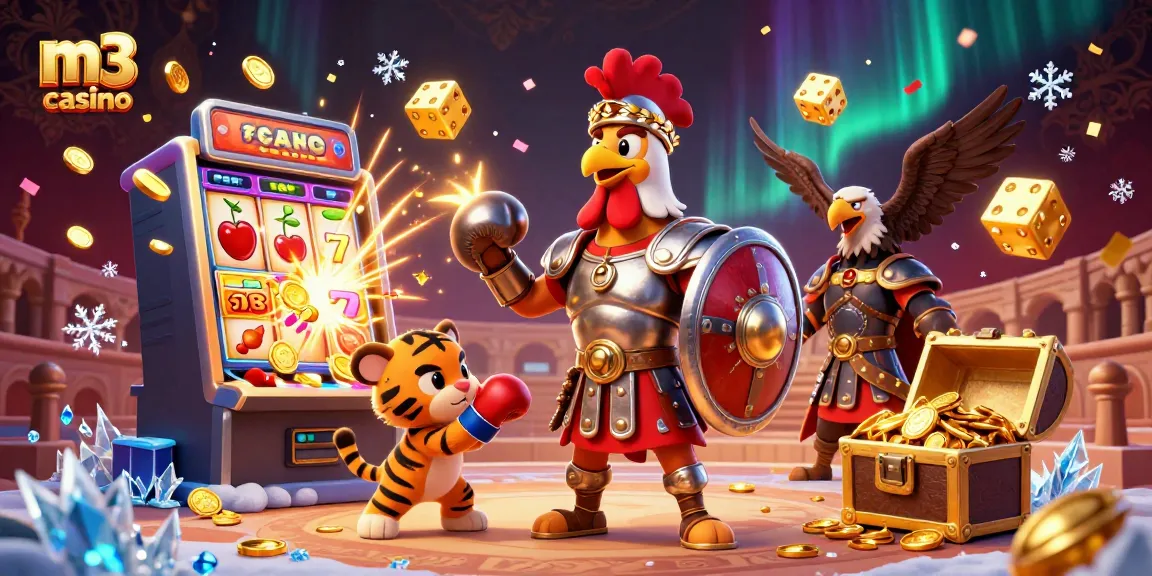 Experience the thrill of m3 casino with animated gladiator rooster, slot machines, and gold coins bursting