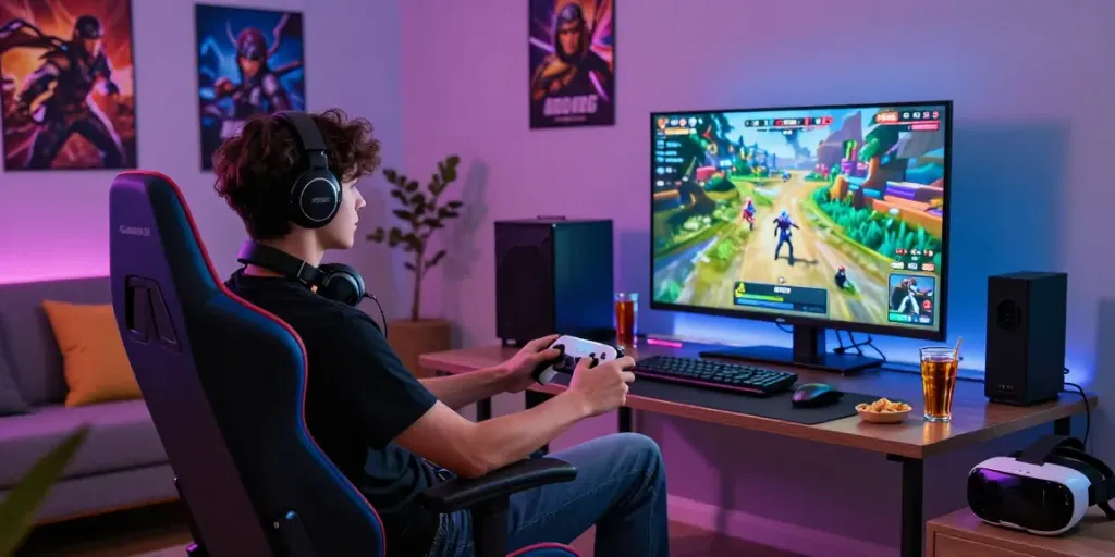 Engaging gaming setup showcasing a player exploring rokok88 apk in a vibrant home environment with LED lights.
