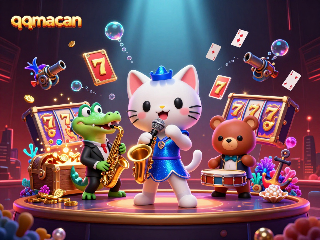 Experience immersive gaming with qqmacan, featuring lively cartoon characters and vibrant casino elements.