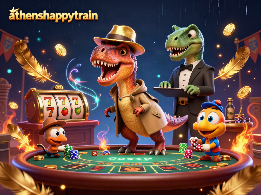 A playful athenshappytrain scene with a velociraptor card counter and casino elements like slot reels and chips.