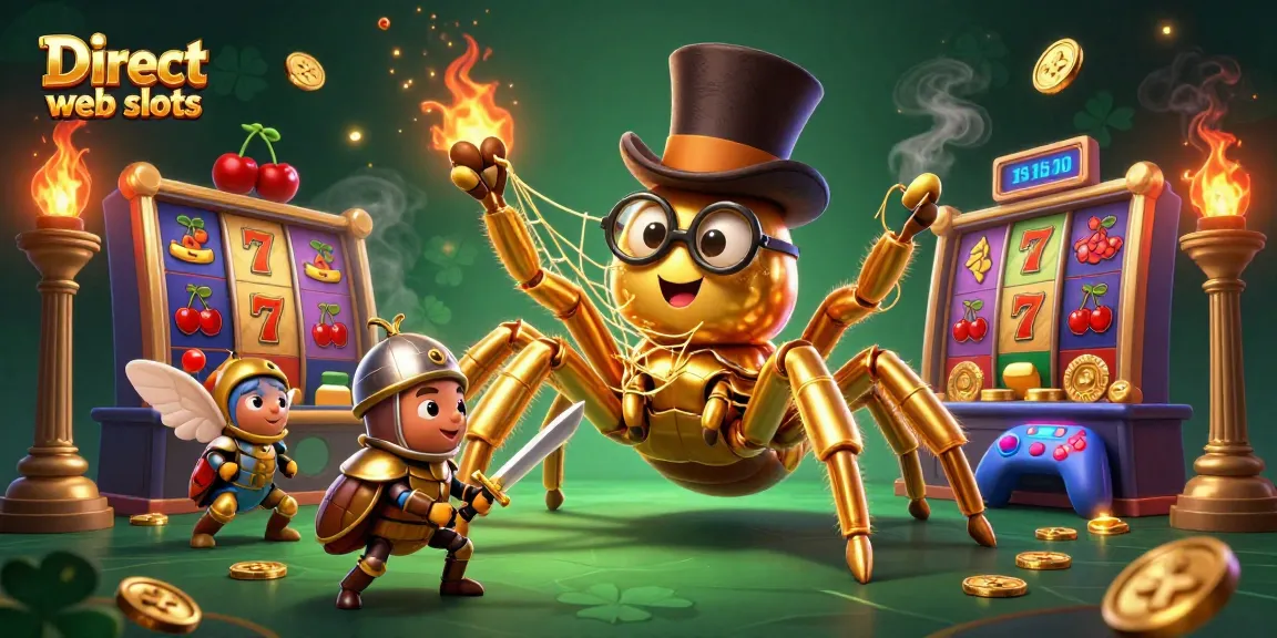 Engage with the dynamic world of Direct web slots featuring a golden tarantula weaving a web of luck amidst colorful slot machines.