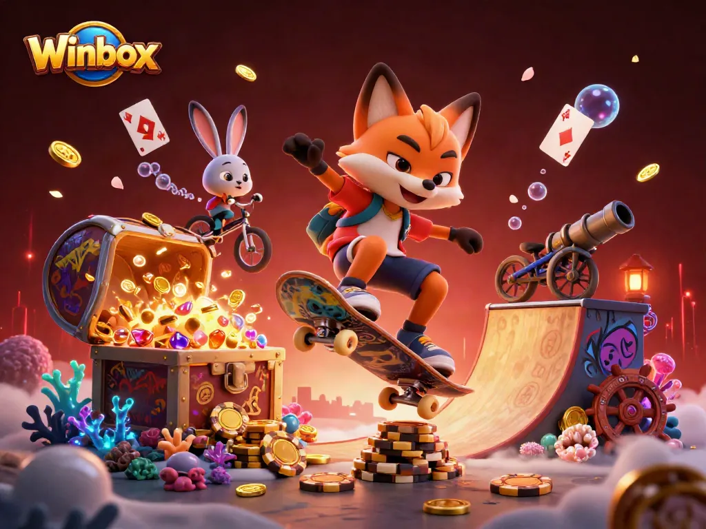 Winbox skateboarder fox performs tricks over golden poker chips symbolizing an exciting casino experience.