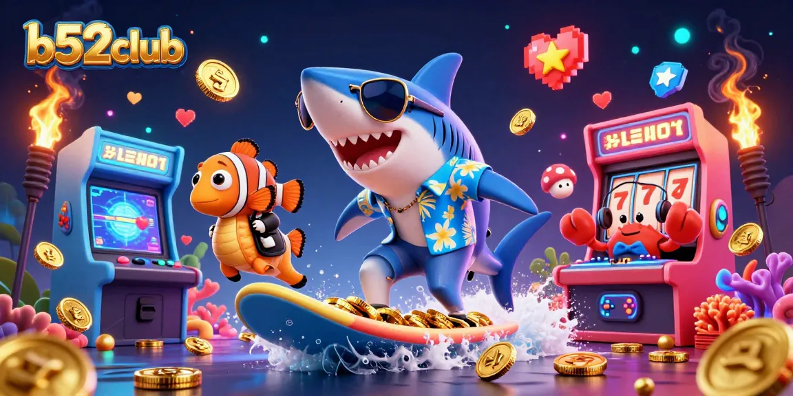 b52club offers vibrant casino excitement with a cartoon shark, clownfish, and DJ crab on gold coins