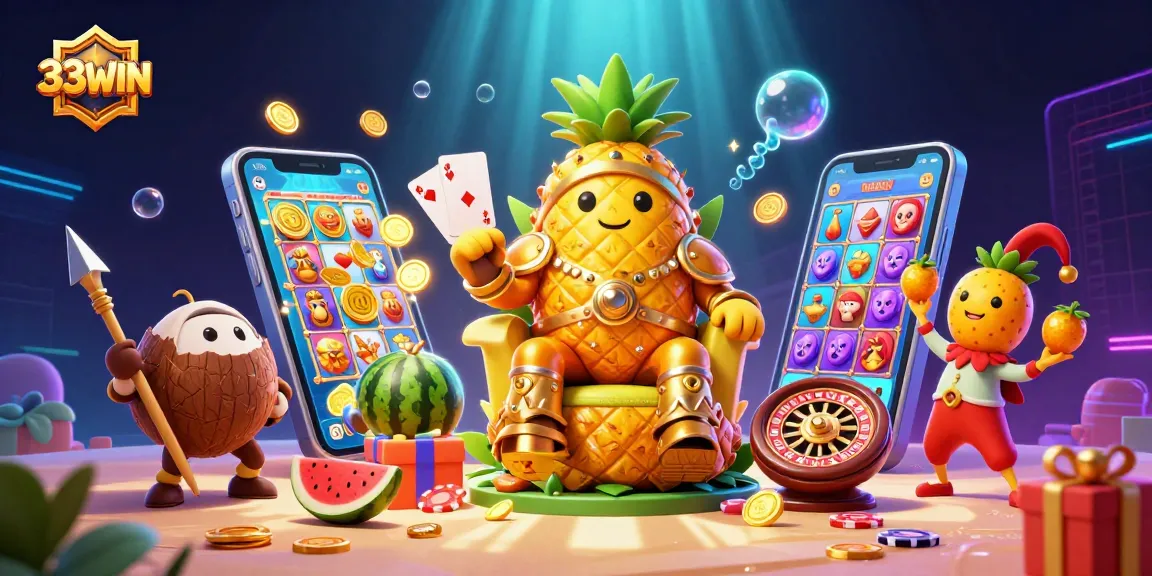 Experience thrilling gameplay with 33WIN’s vibrant slots showcased in a lively casino scene.