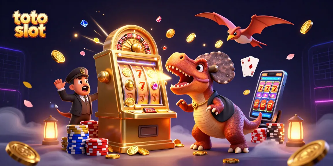 Experience the thrill of toto slot games as a pachycephalosaurus headbutts a golden slot machine, showcasing jackpots and excitement.