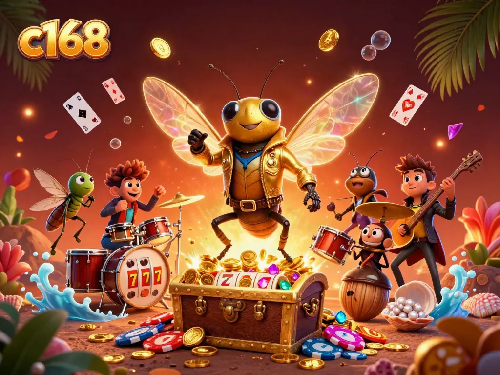 Experience excitement at c168 with a vibrant casino-themed 3D illustration showcasing a dynamic rock star scene.