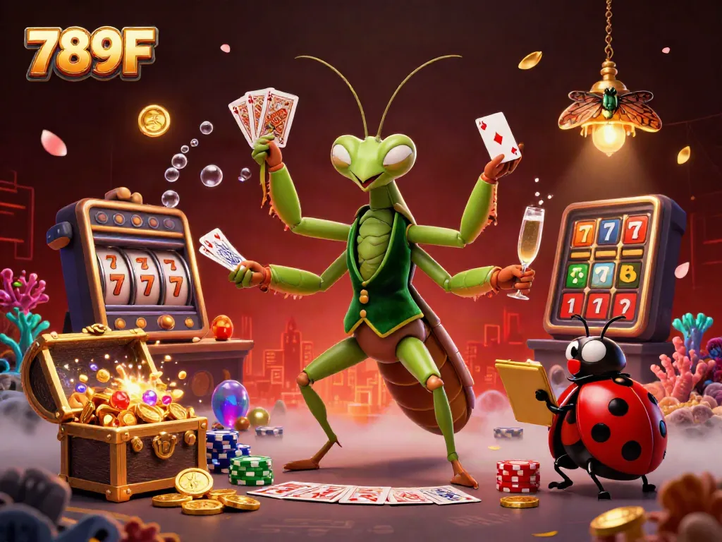 Engaging 3D illustration promoting 789F, showcasing gambling with vibrant casino characters and elements.