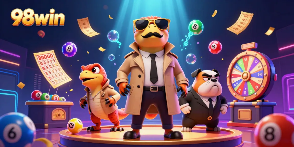 98win showcases three raptors in a trench coat exploring the casino entertainment world.