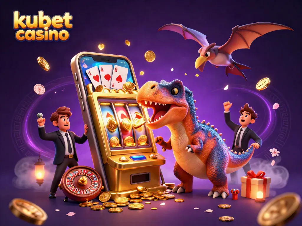 Kubet casino scene with a dinosaur headbutting a slot machine, coins flying, and a pteranodon catching coins.
