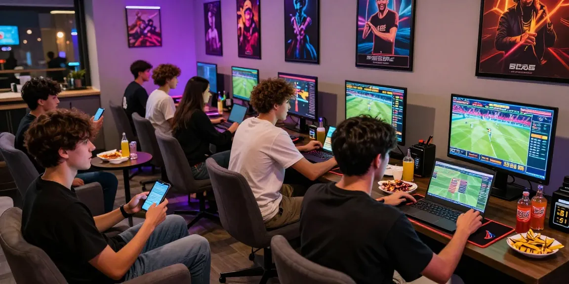 Fun88Thailand online betting scene with excited gamers using mobile devices in vibrant lounge setting.