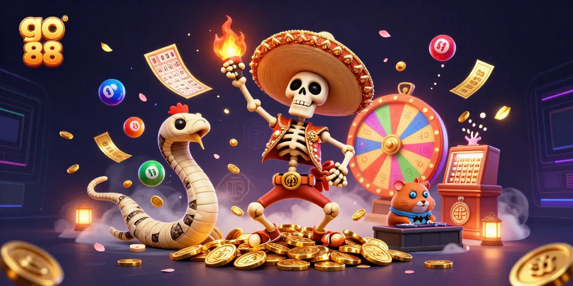 Experience the excitement of go 88 with vibrant casino characters dancing amid golden coins.
