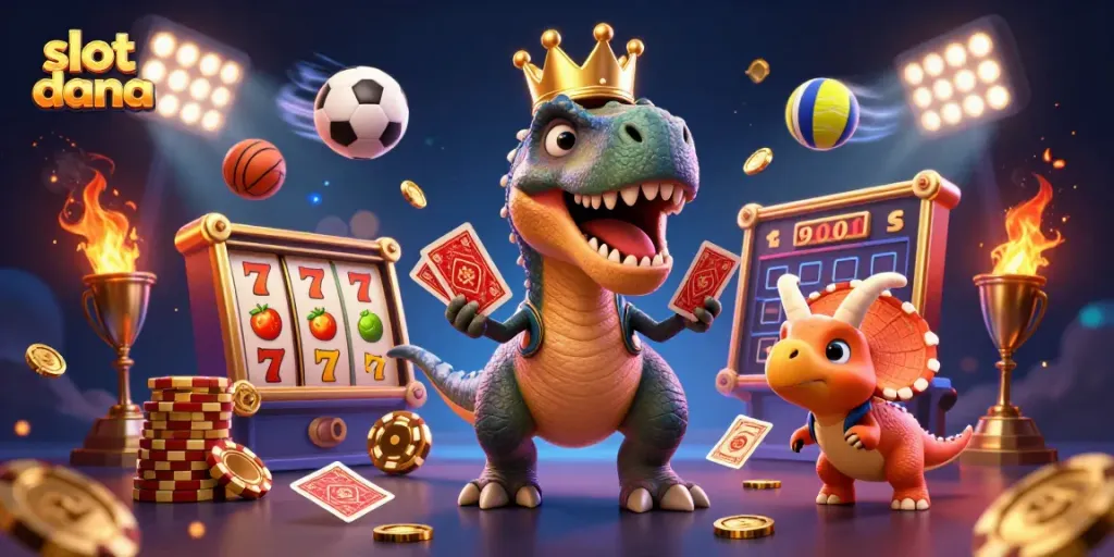 Mainkan slot dana dengan karakter kartun dan elemen kasino yang menarik.