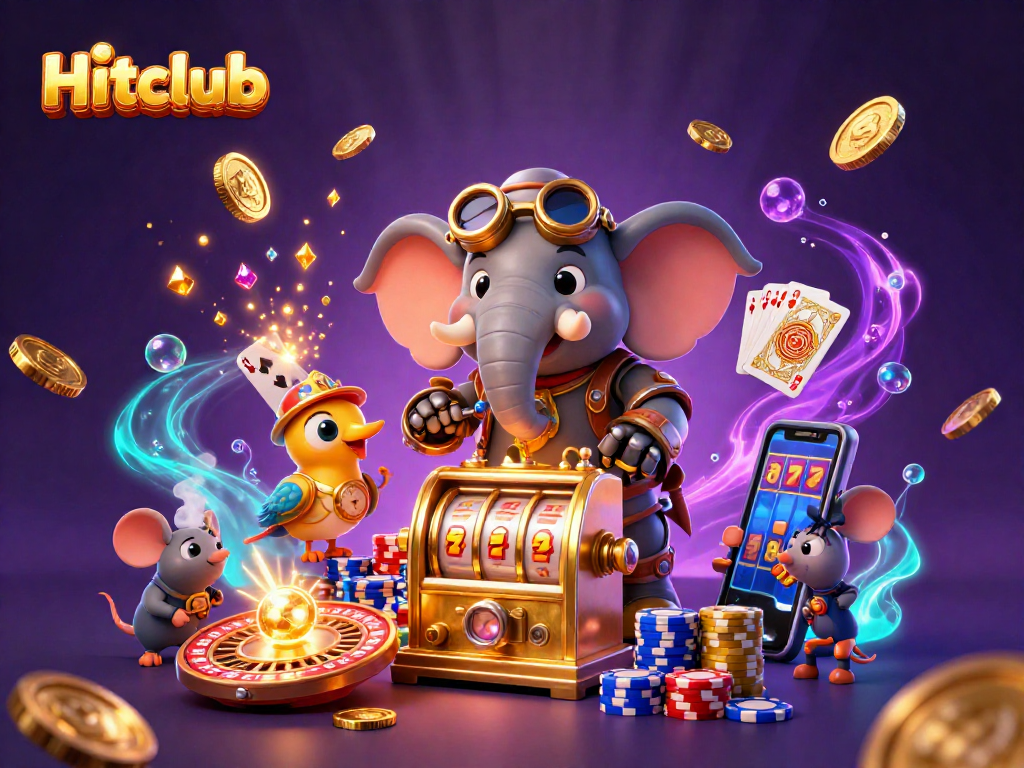 Hitclub showcases a lively 3D scene where a steampunk elephant operates a slot machine amid vibrant casino elements.