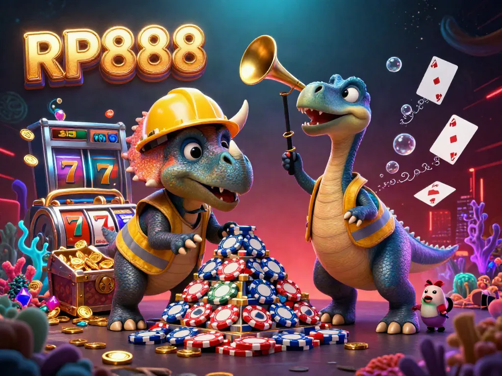 Experience the excitement of RP888 with a vibrant 3D scene of casino enjoyment featuring slot reels and cheerful characters.